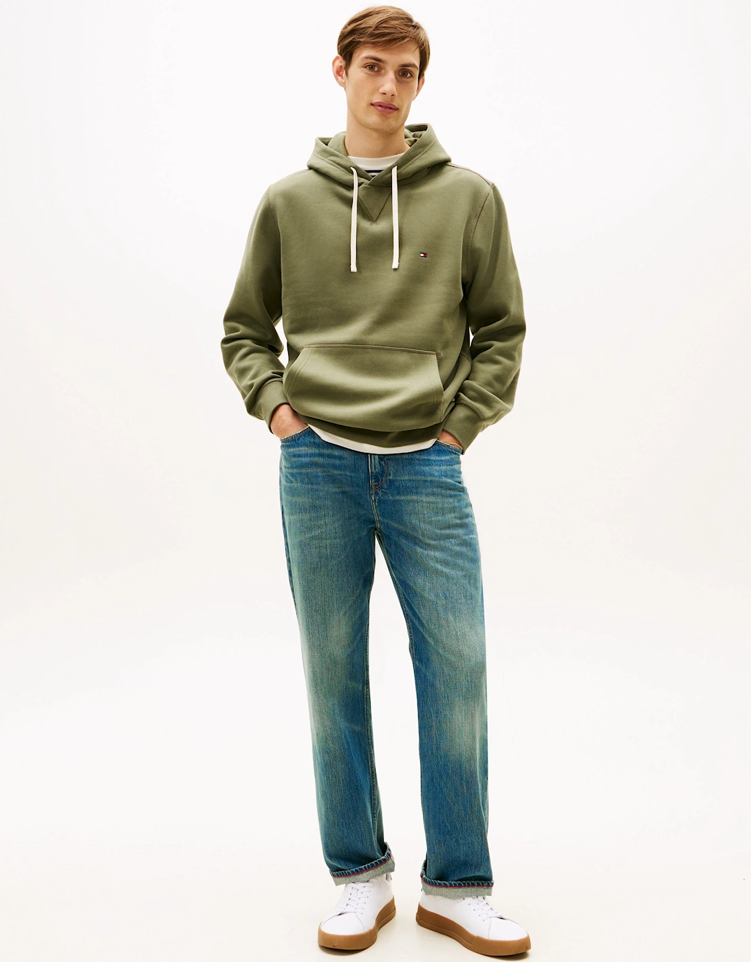 Essential Flag Embroidery Mens Fleece Hoodie - Battle Green