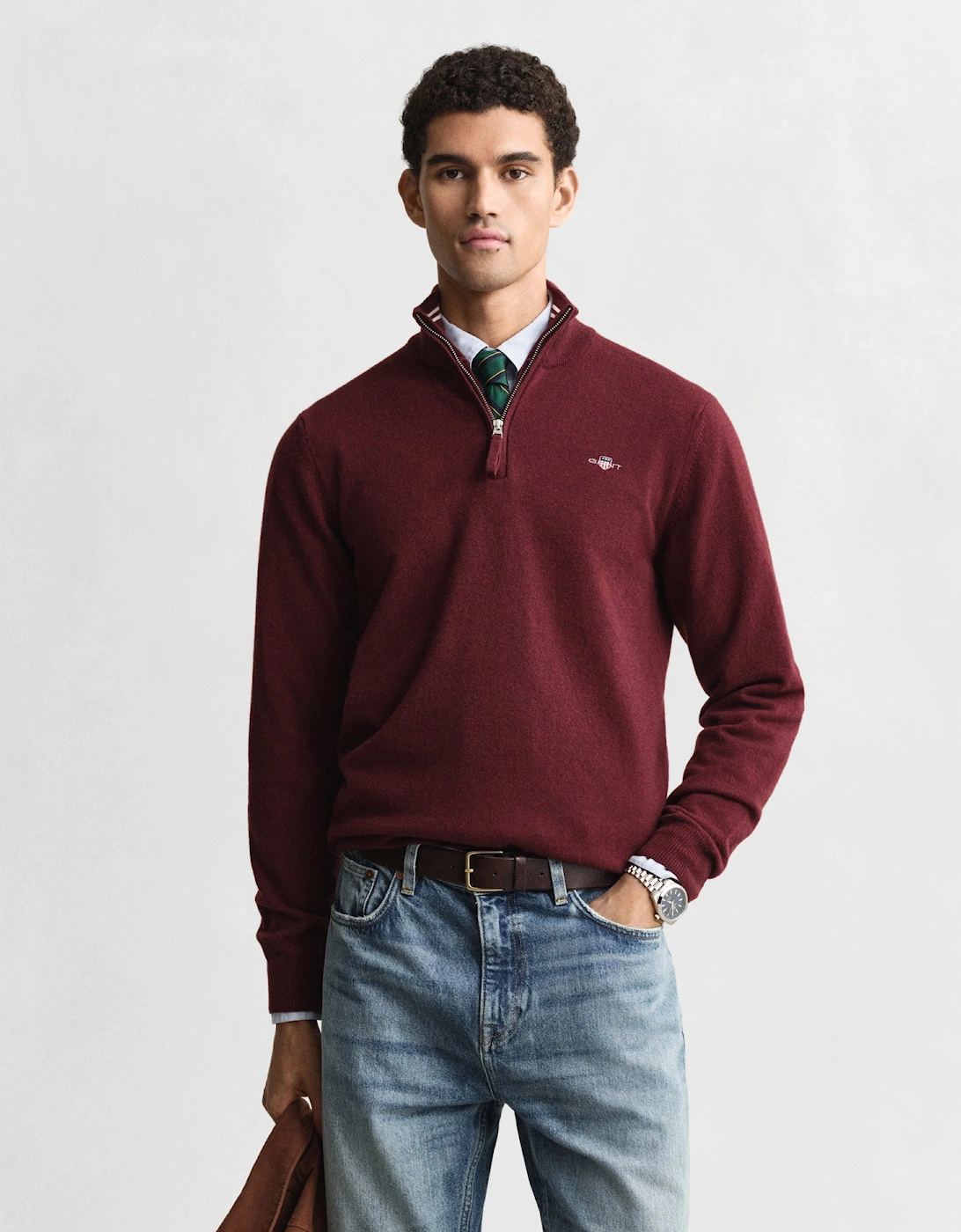 Mens Superfine Lambswool Half Zip Cardigan - 677 Bordeaux Melange, 5 of 4