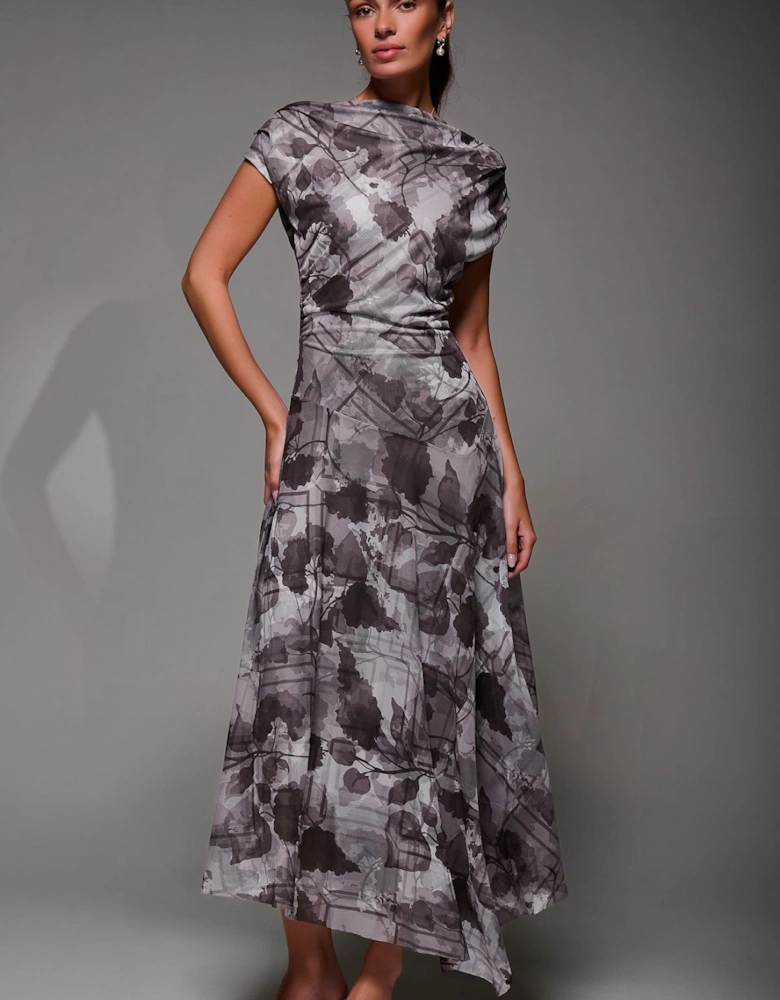 Asymmetrical Draped Slash Neck Midaxi Dress