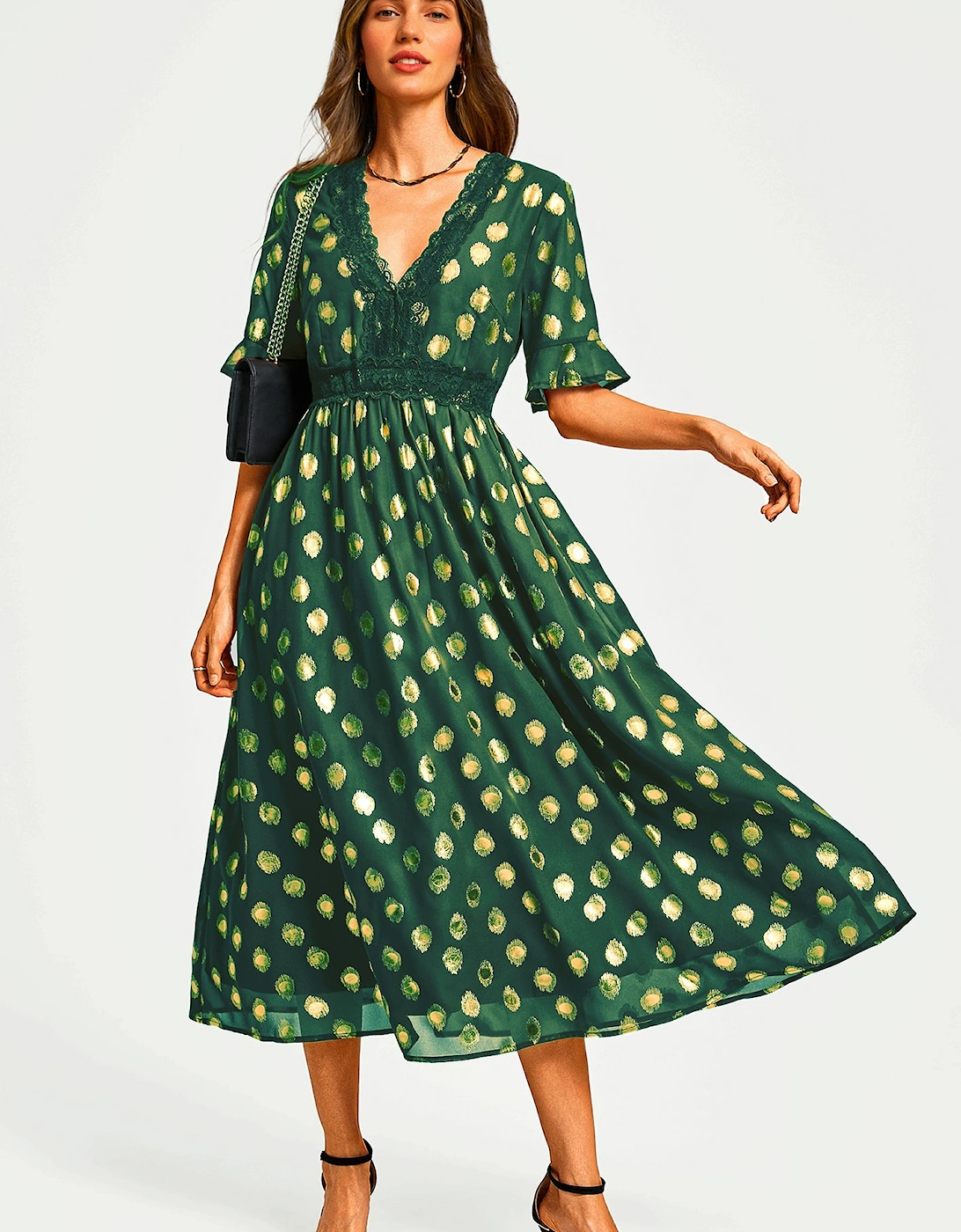 Gold Foil Lace Trim V Neck Midi Dress In Green, 2 of 1