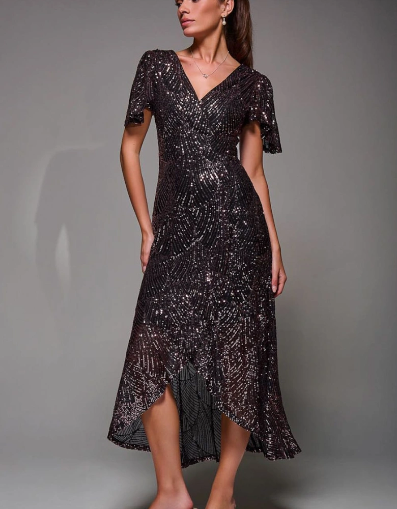 Sequin Angel Sleeve Ruffle Hem Maxi Dress
