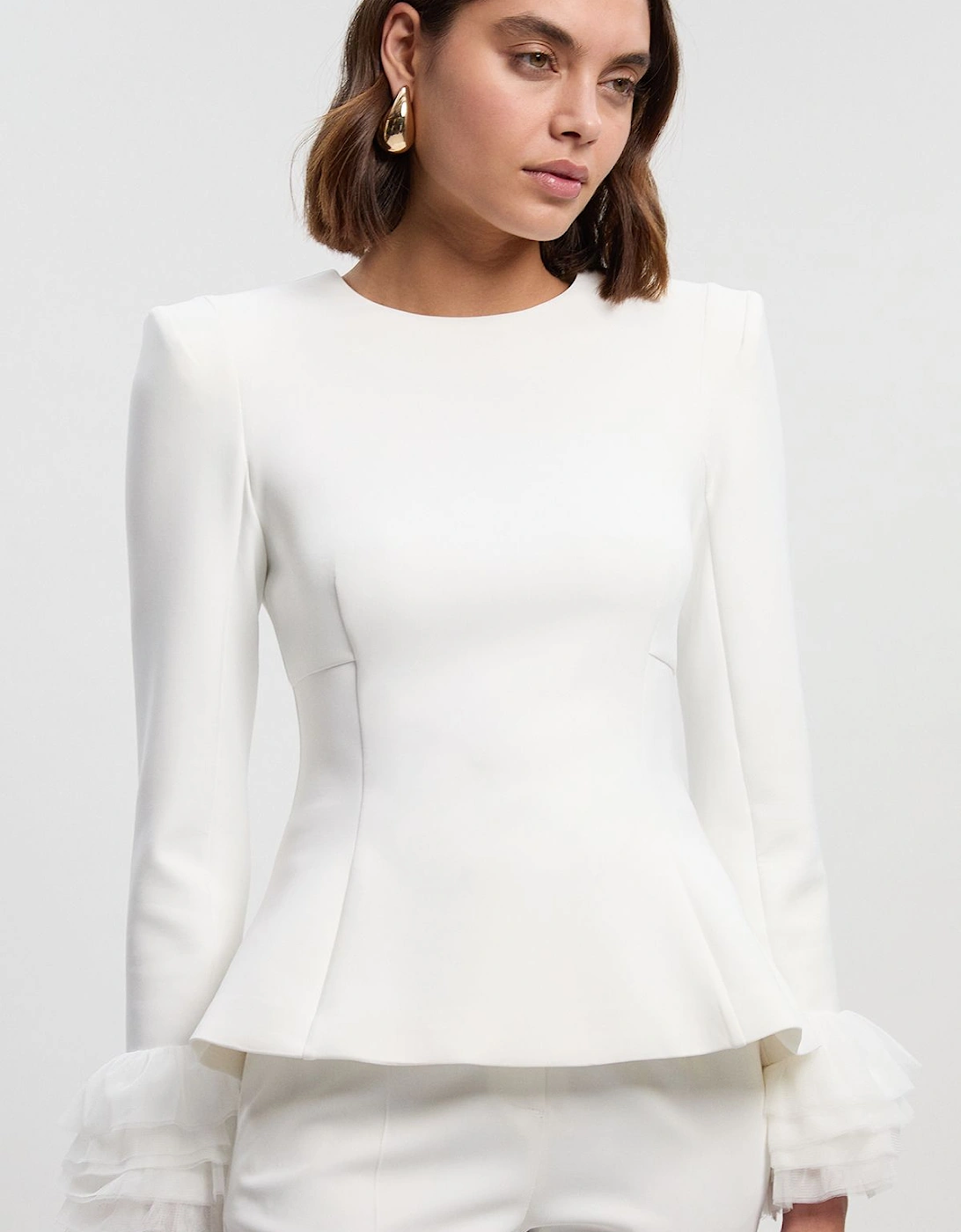 Scuba Drama Tulle Detail Cuff Woven Peplum Top, 2 of 1