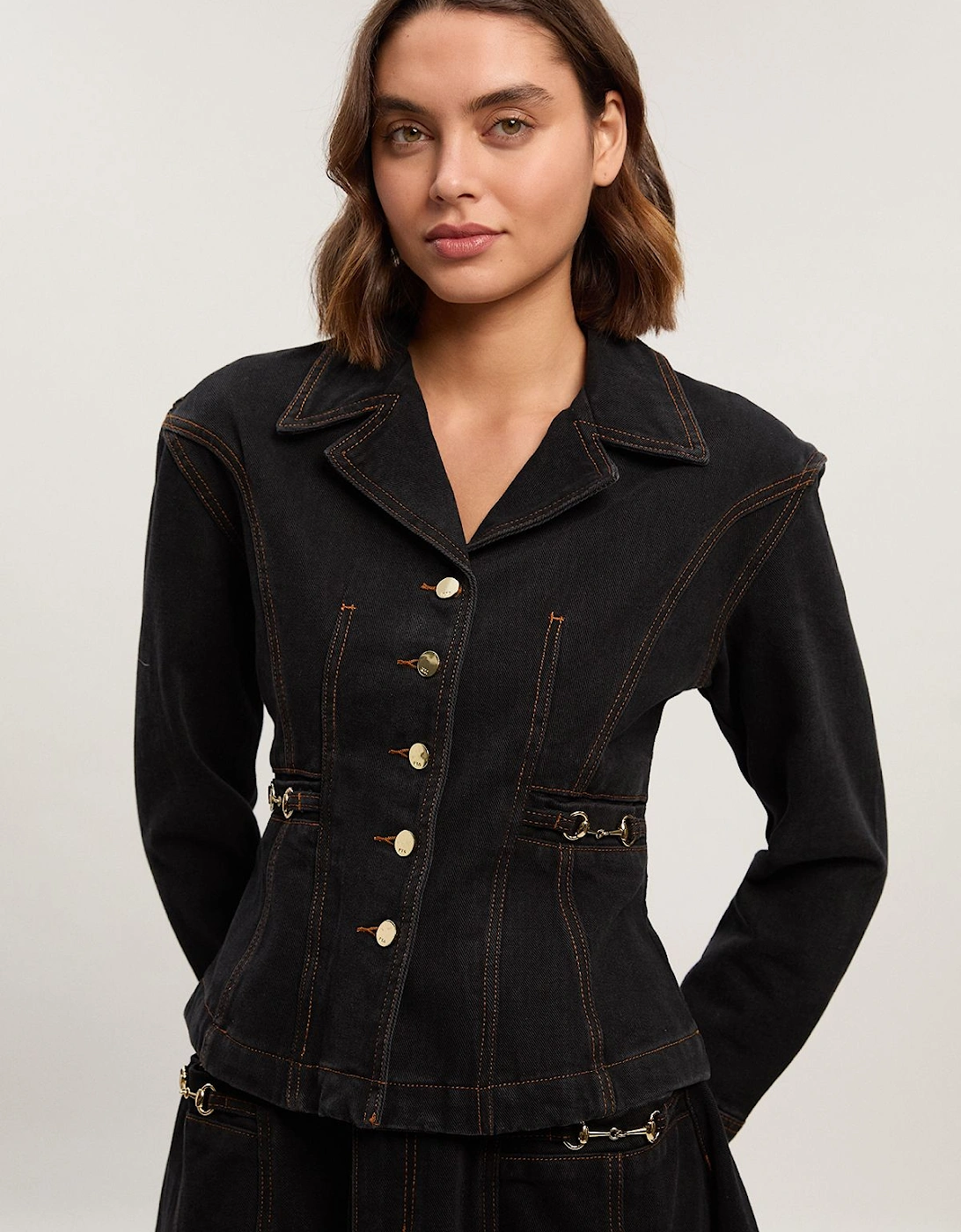 Denim Button Through Nipped Waist Jacket, 2 of 1