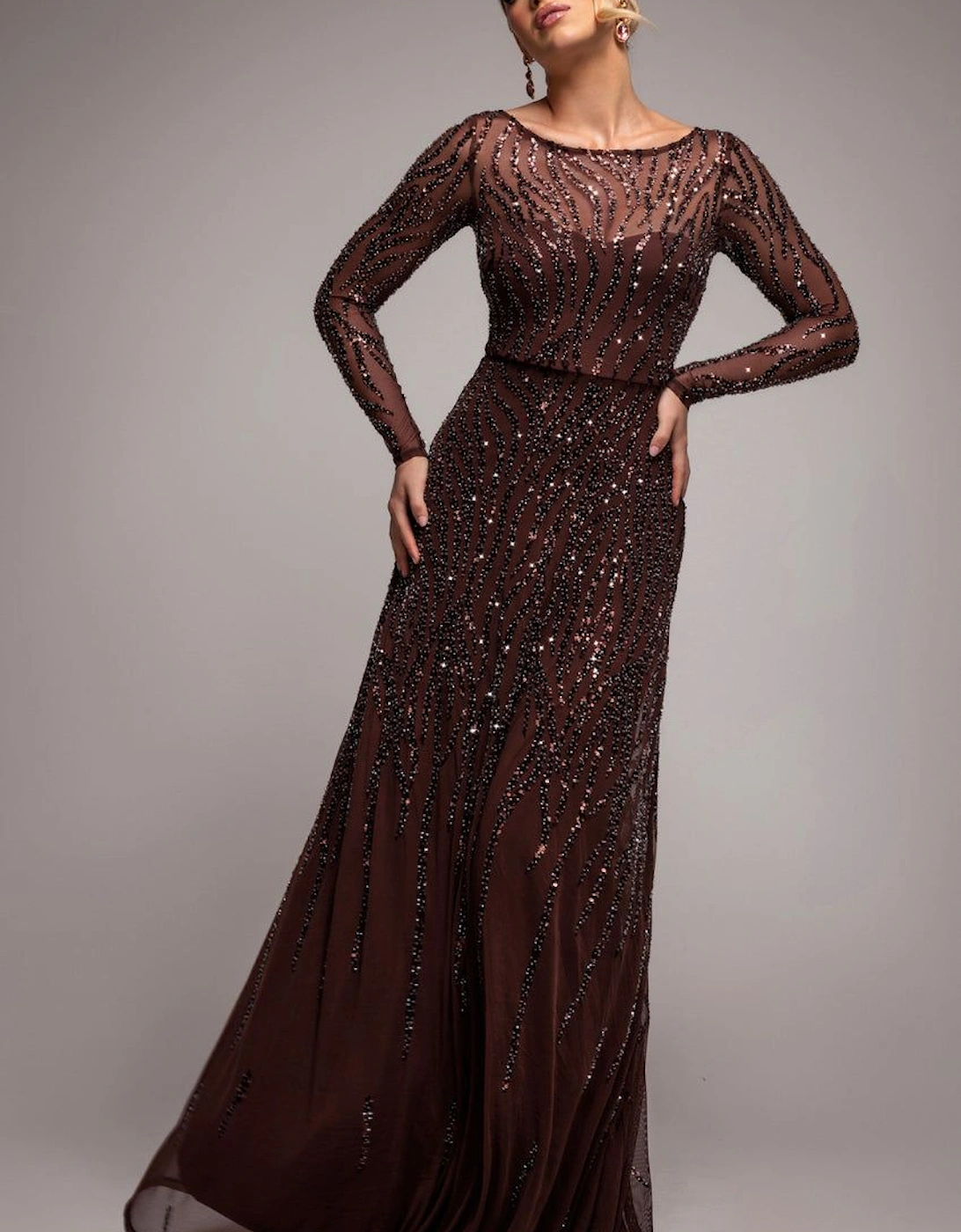Ombre Sequin Beaded Flared Long Sleeve Maxi Dress, 2 of 1