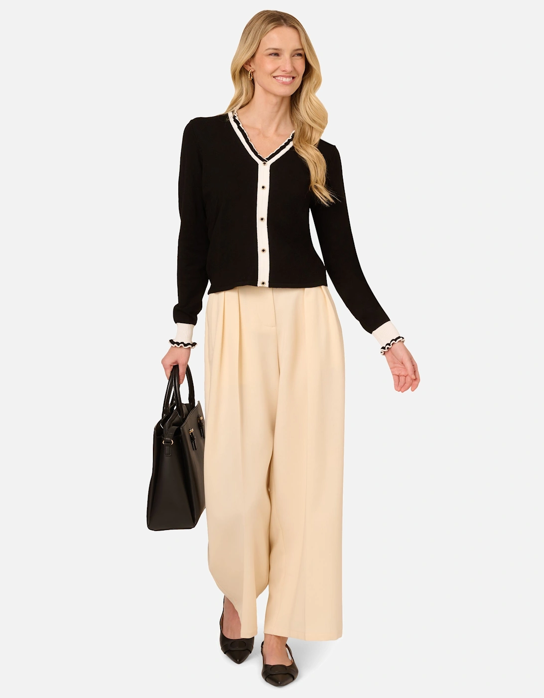 Contrast V-Neck Ruffle Detail Long Sleeve Sweater, 2 of 1