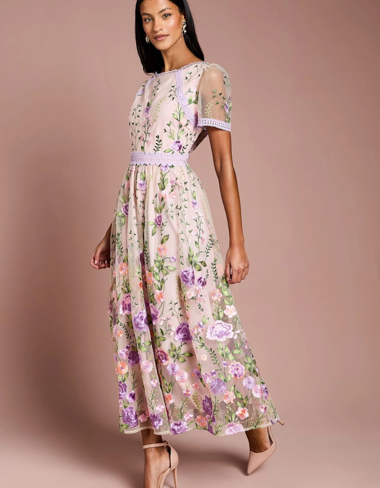 Petite Lace Trim Detail Embroidered Mesh Midi Dress