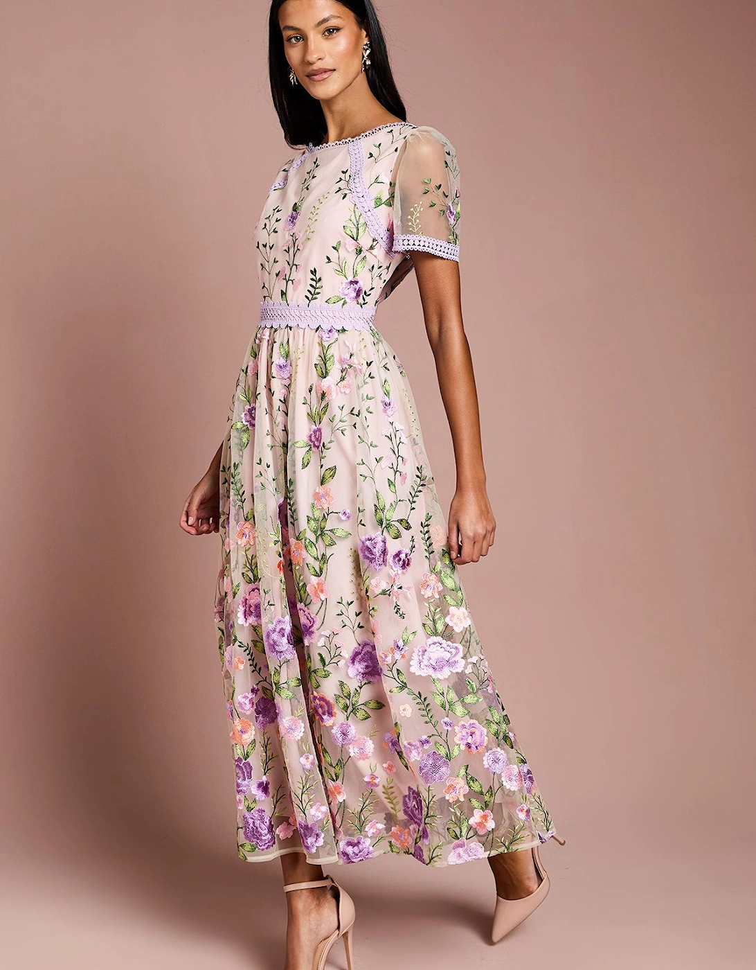 Petite Lace Trim Detail Embroidered Mesh Midi Dress, 2 of 1