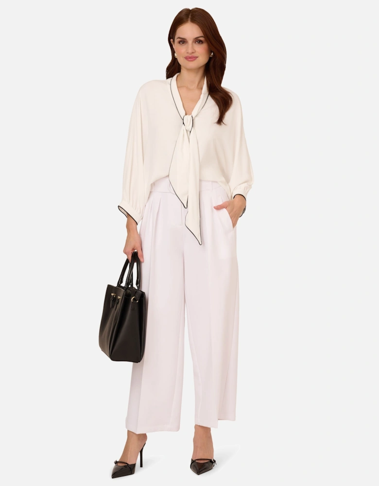 Oversized Tipped Bow Tie Neck Blouse With Puffed 3/4 Sleeves