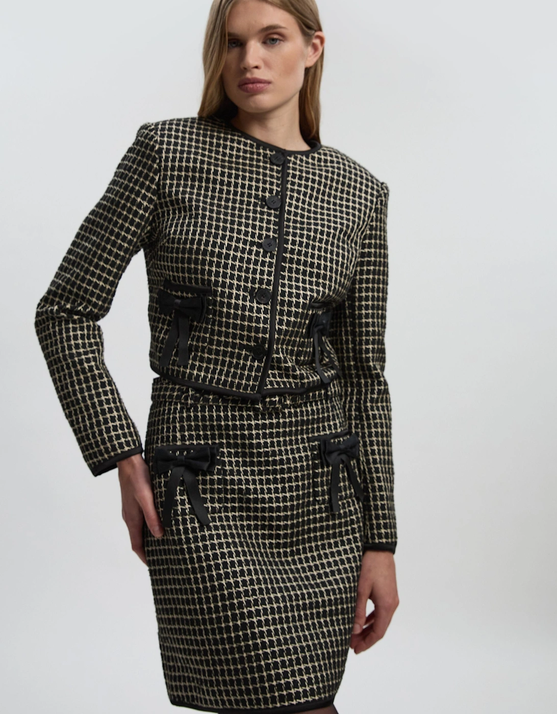 Tall Tailored Tweed Bow Detail Collarless Jacket, 2 of 1