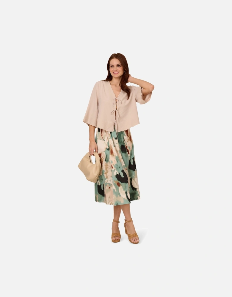 V-Neck Open Front Woven Top With Embroidery Scalloped Edge