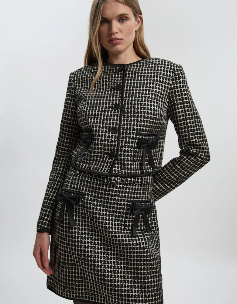 Tailored Tweed Bow Detail Collarless Jacket