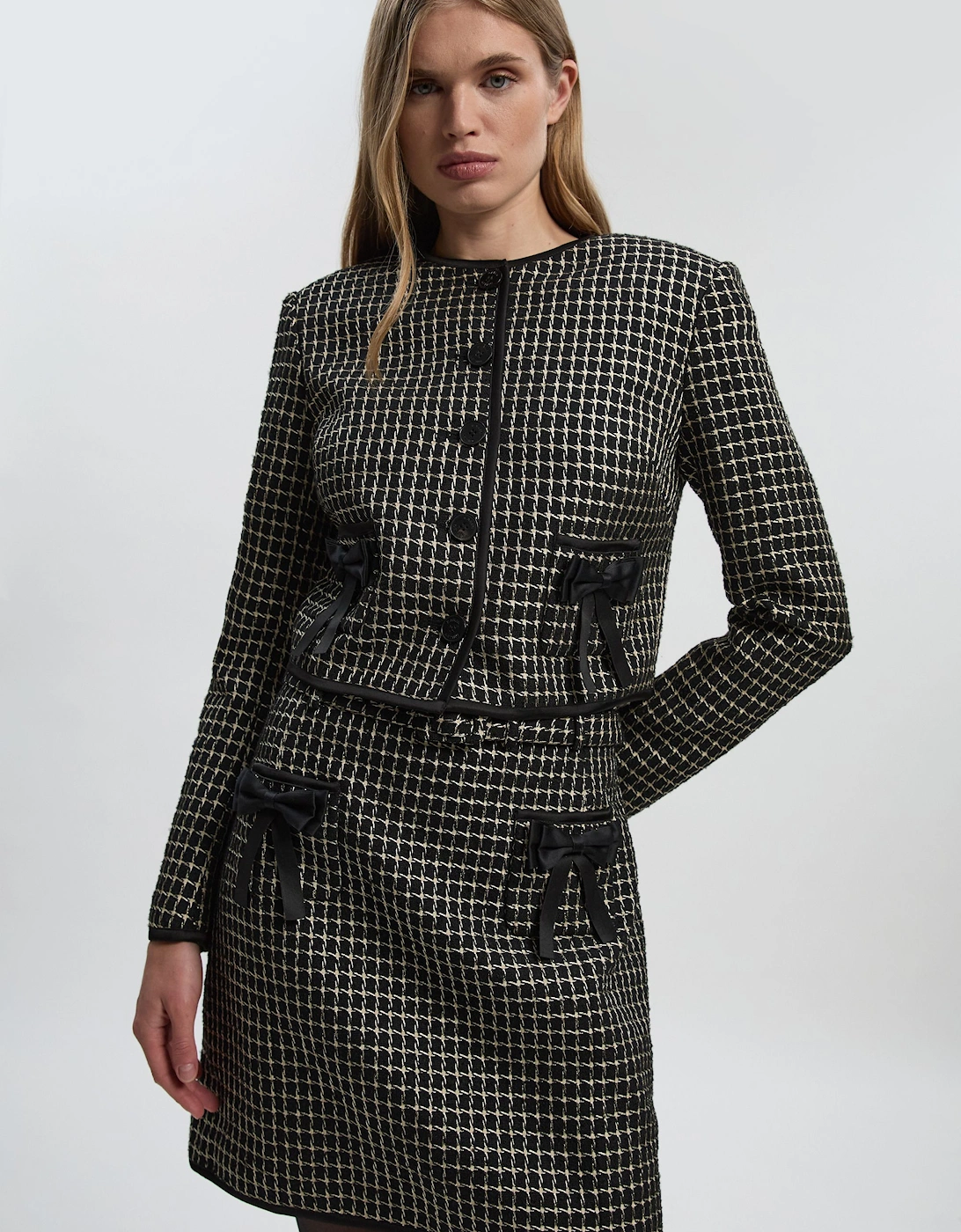 Tailored Tweed Bow Detail Collarless Jacket, 2 of 1