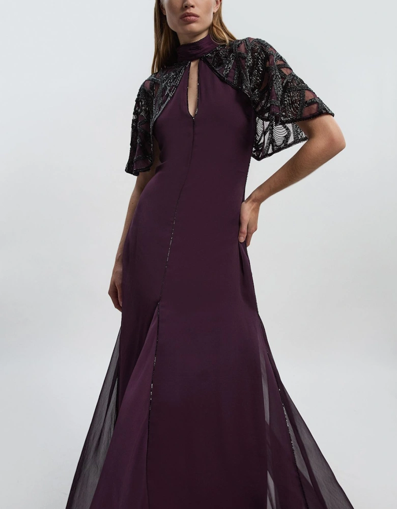 Petite Crystal Embellished Cutwork Cape Detail Woven Maxi Dress