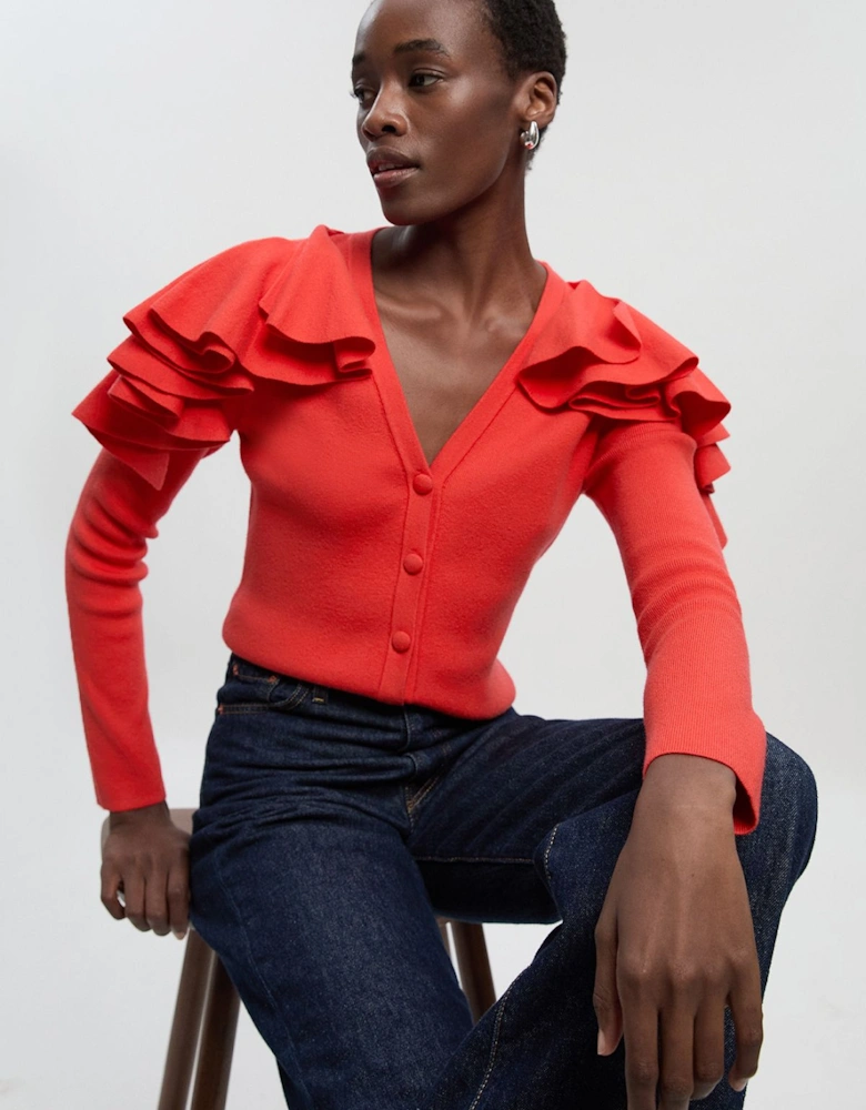 Compact Wool Look Ruffle V Neck Cardigan