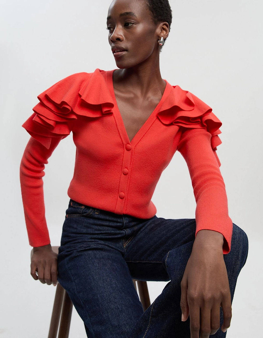 Compact Wool Look Ruffle V Neck Cardigan, 2 of 1