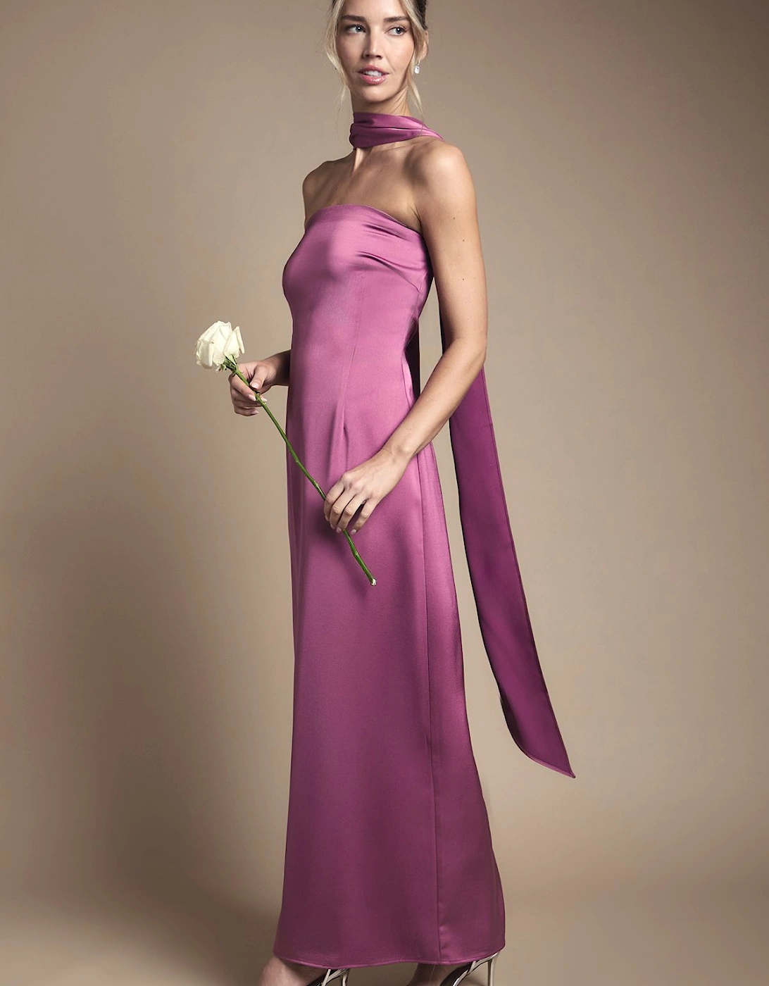 Bandeau Satin Bridesmaid Maxi Dress With Scarf, 2 of 1