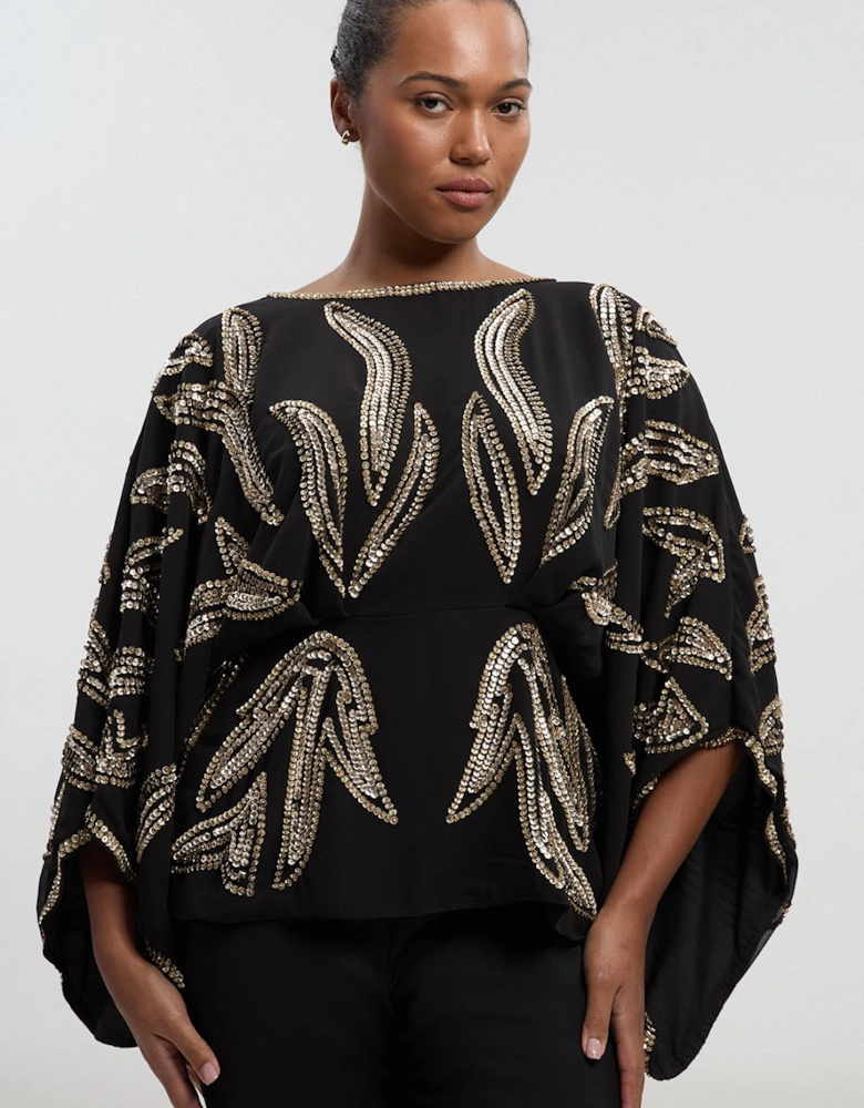 Plus Size Kimono Sleeve Embellished Woven Blouse