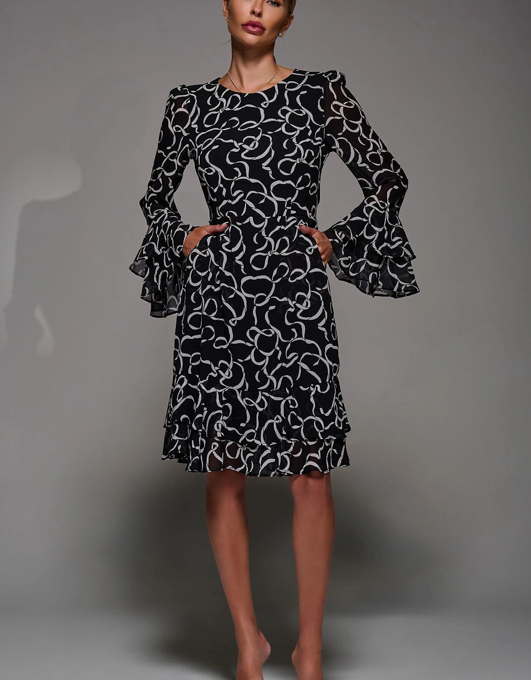 Long Sleeve Chiffon Knee Length Dress, 2 of 1