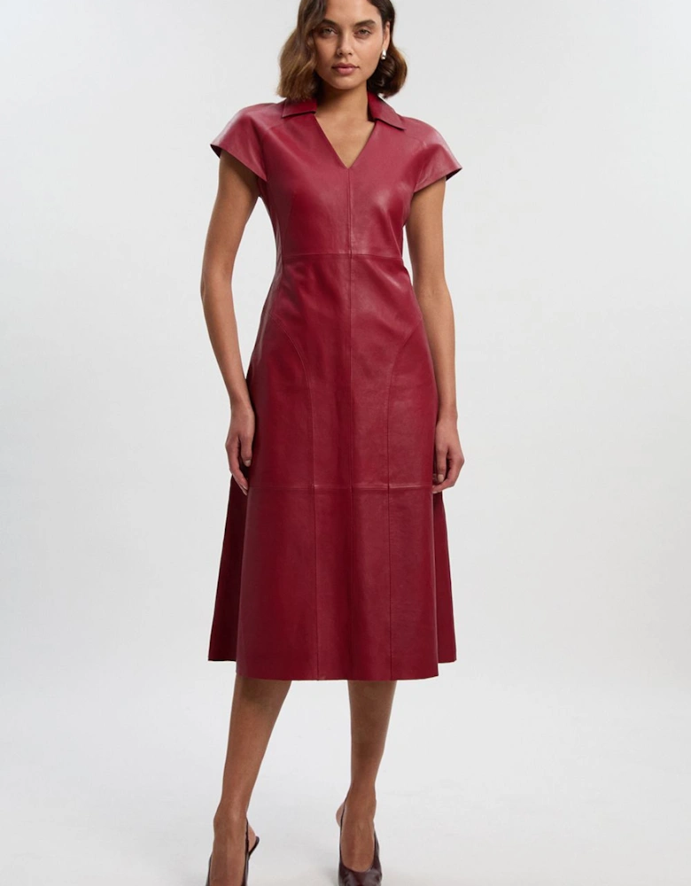 Leather Collared Tailored Midi Dress