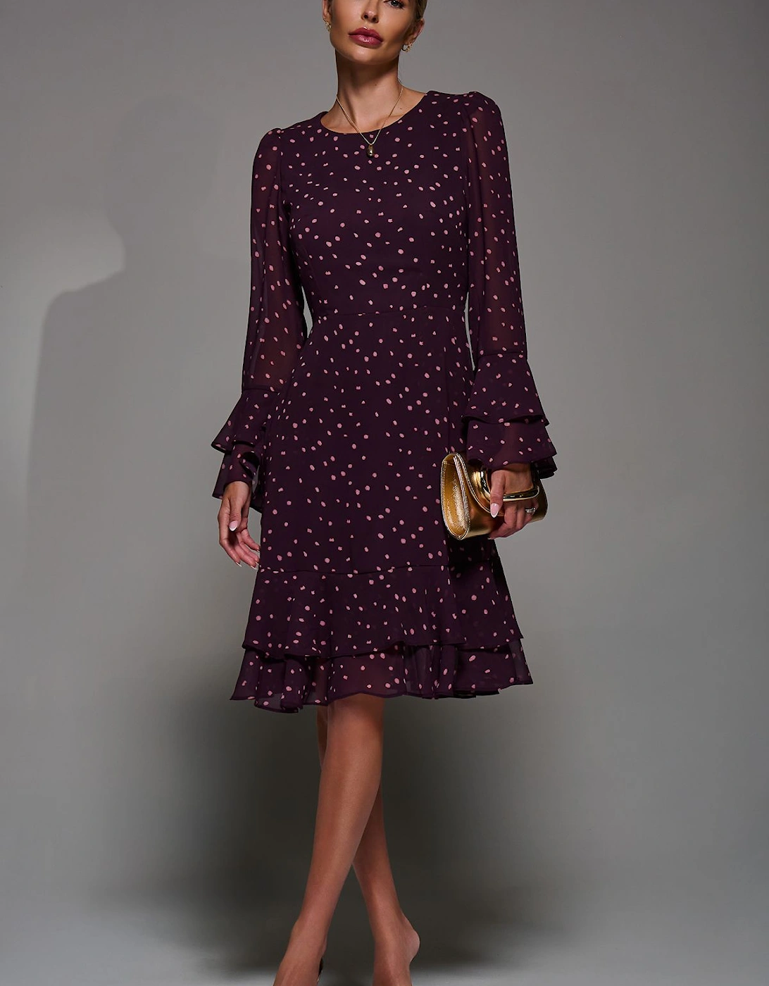 Long Sleeve Chiffon Knee Length Dress, 2 of 1