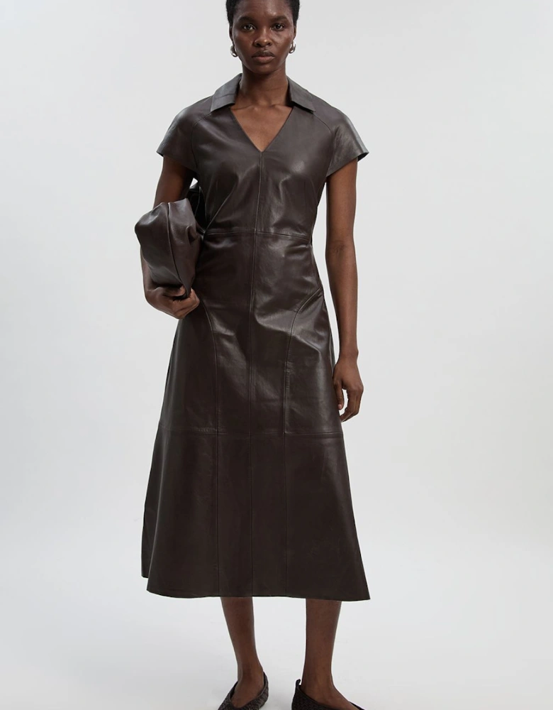Leather Collared Tailored Midi Dress