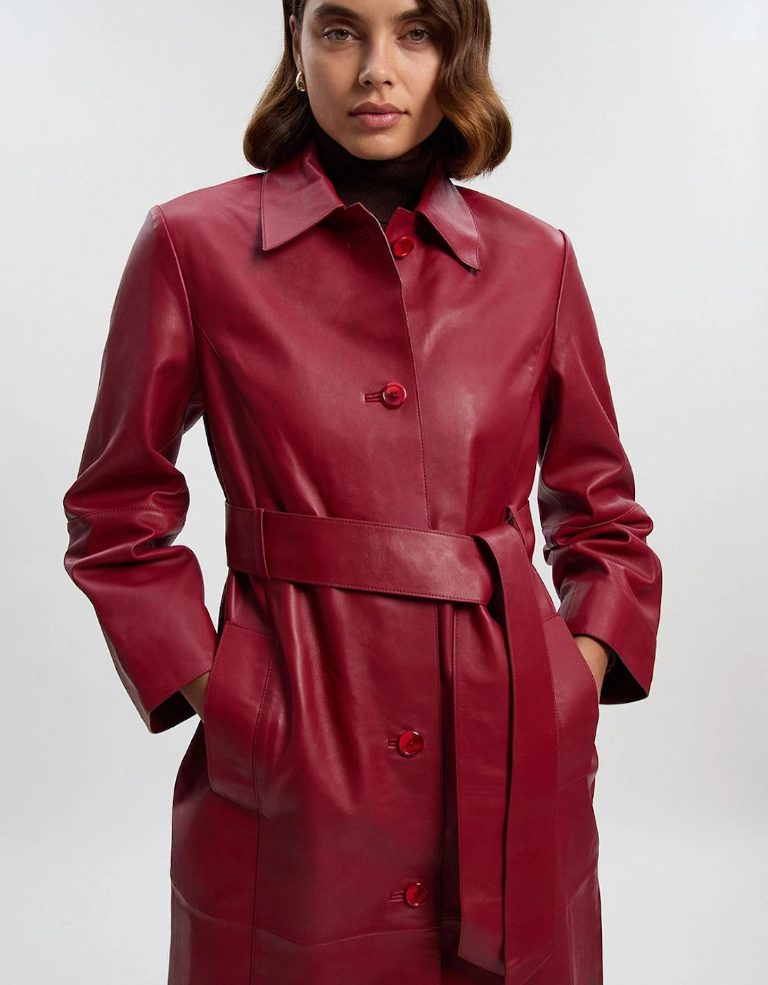 Leather Collared Belted Trench Coat, 2 of 1