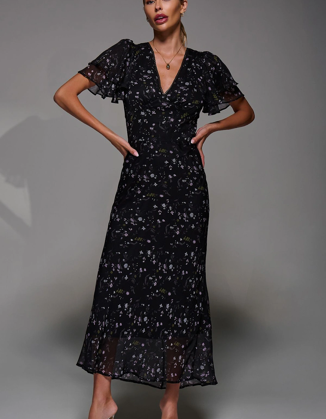 V-Neck Frill Sleeve Chiffon Midaxi Dress, 2 of 1