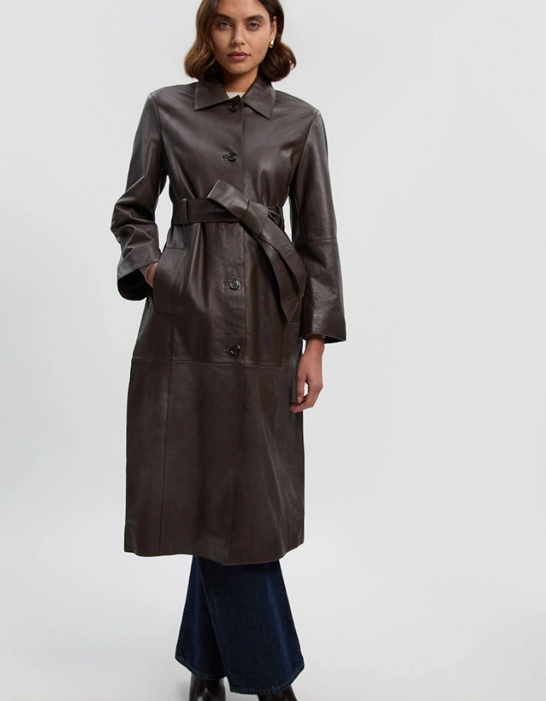 Leather Collared Belted Trench Coat
