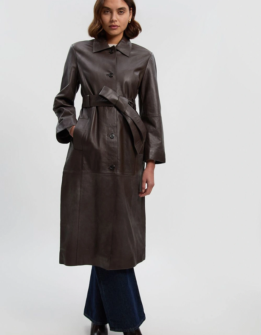 Leather Collared Belted Trench Coat, 2 of 1