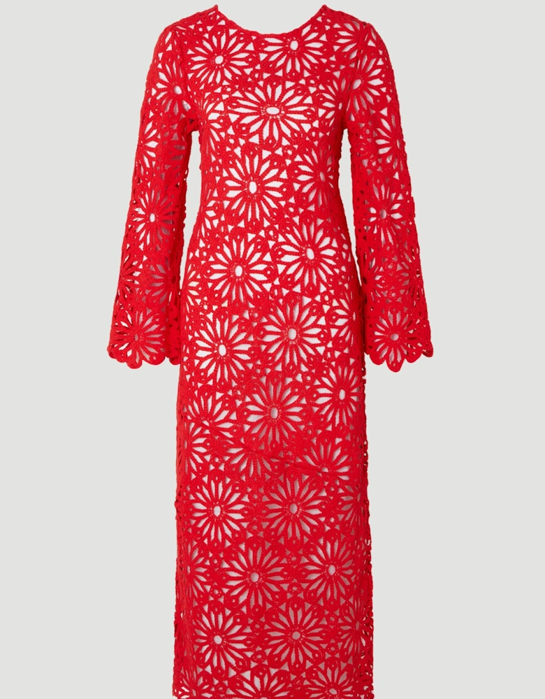 Floral Crochet Woven Backless Maxi Beach Dress