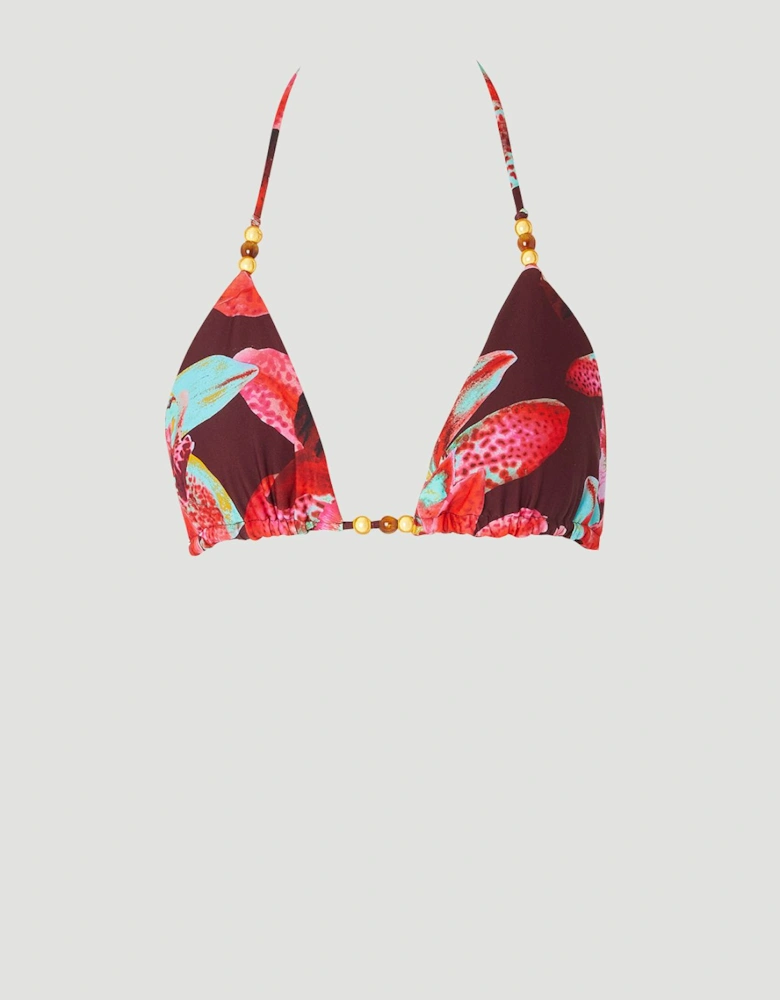 Photographic Floral Reversible Bikini Top With Bead Detail
