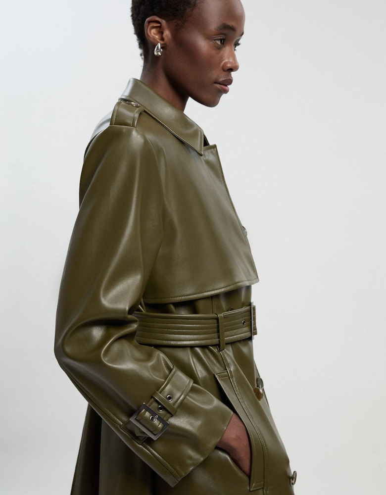 Faux Leather Belted Trench  Coat