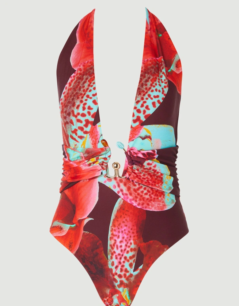 Photographic Floral Plunge Swimsuit With Stone Detail