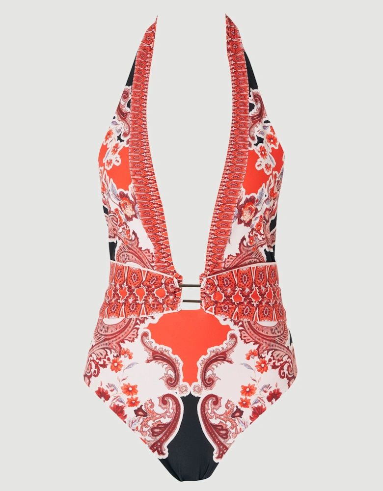 Scarf Mirrored Print Plunge Swimsuit