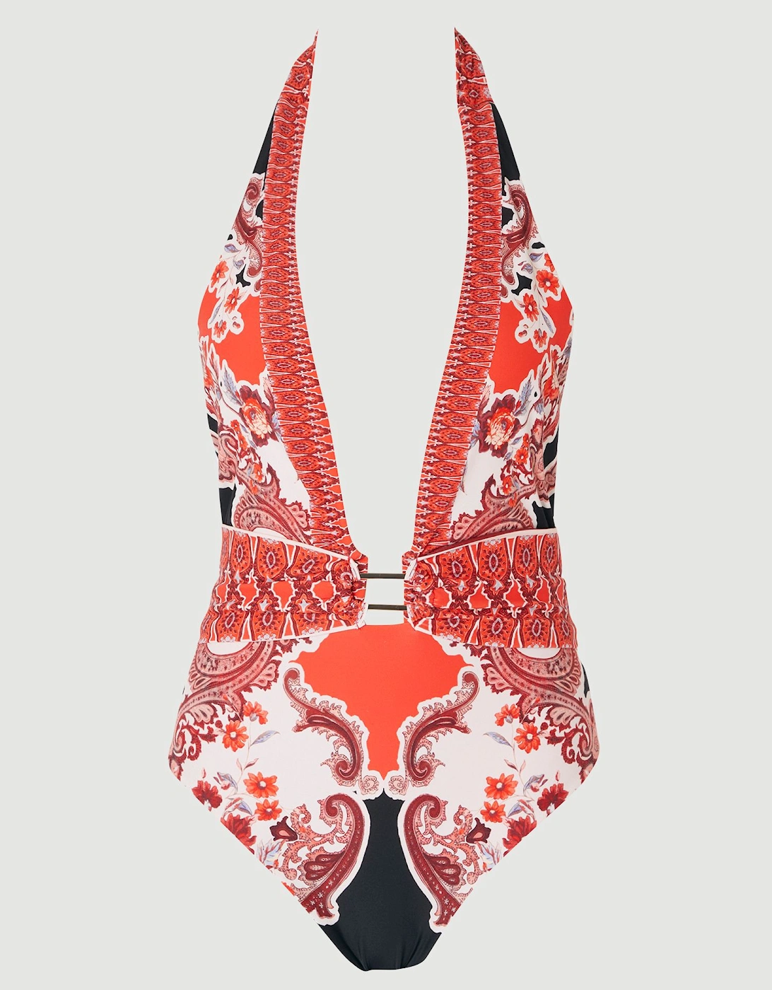 Scarf Mirrored Print Plunge Swimsuit, 2 of 1