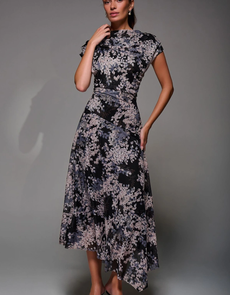 Asymmetrical Draped Slash Neck Midaxi Dress