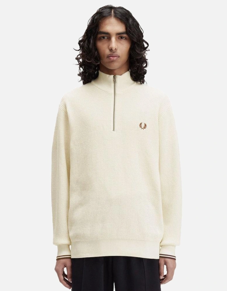 Waffle Stitch Half Zip Jumper Sweat Ecru