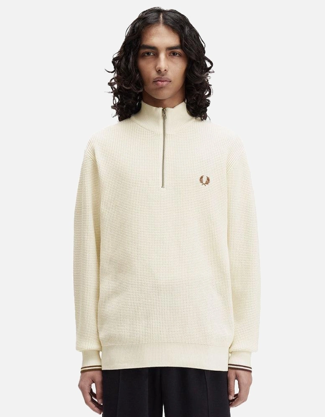 Waffle Stitch Half Zip Jumper Sweat Ecru