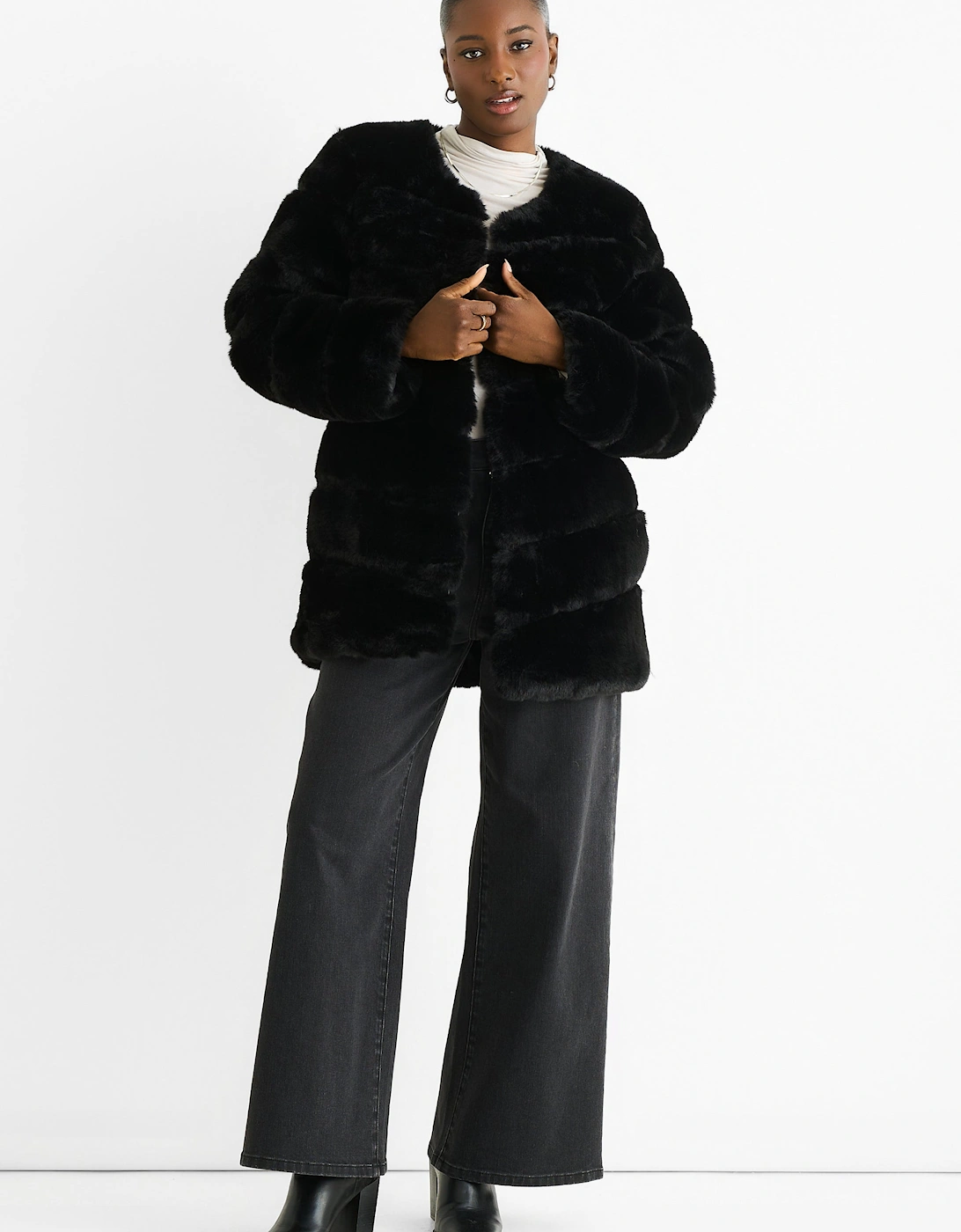 Black Diagonal Cut Faux Fur Long Sleeve Jacket, 5 of 4