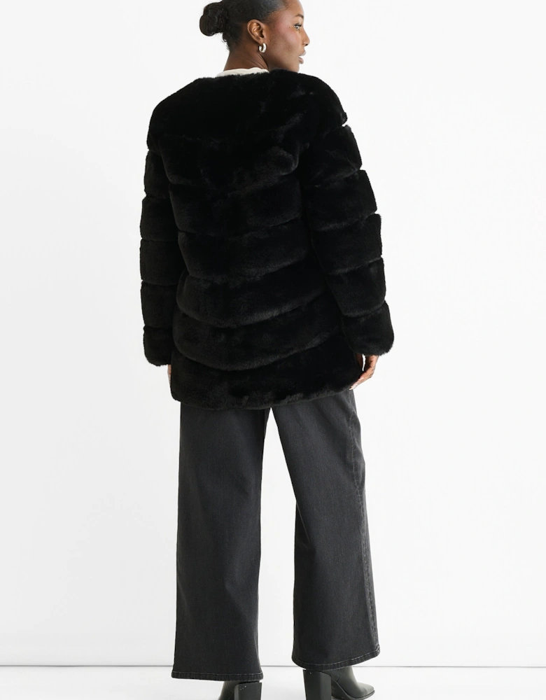 Black Diagonal Cut Faux Fur Long Sleeve Jacket