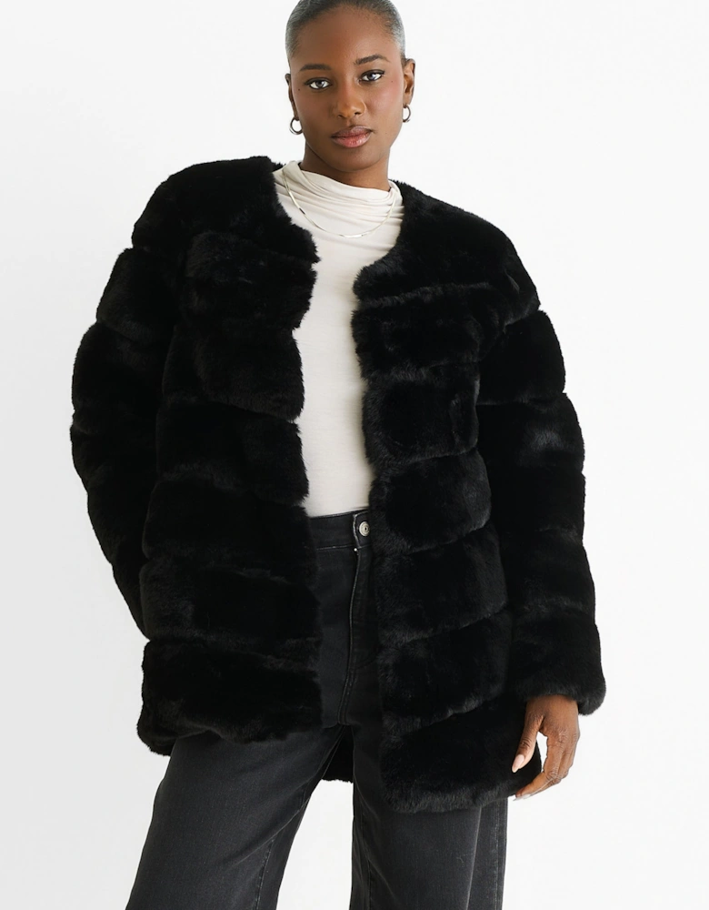 Black Diagonal Cut Faux Fur Long Sleeve Jacket