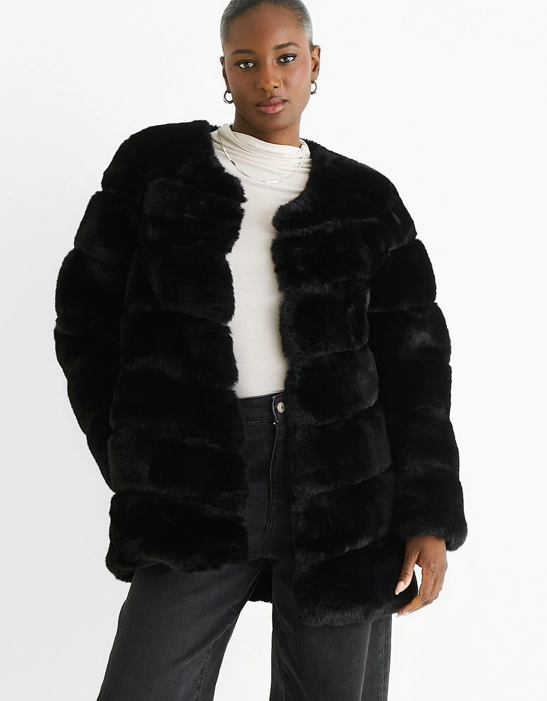 Black Diagonal Cut Faux Fur Long Sleeve Jacket