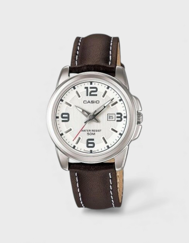 Analogue MTP White Dial Watch Brown