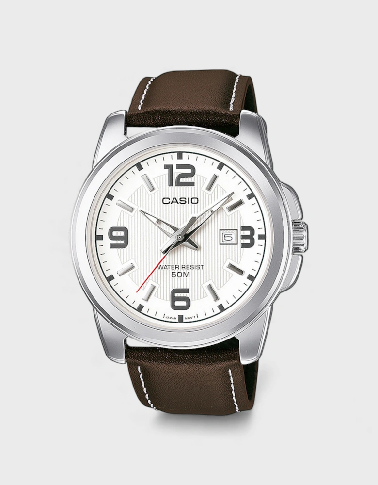Analogue MTP White Dial Watch Brown