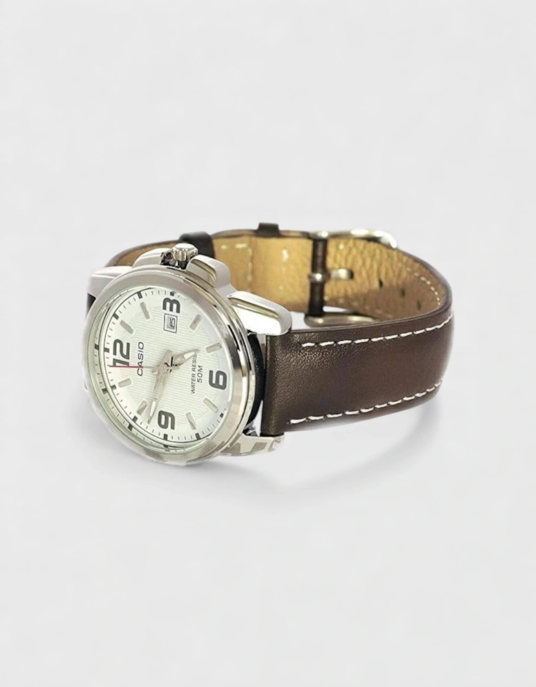 Analogue MTP White Dial Watch Brown