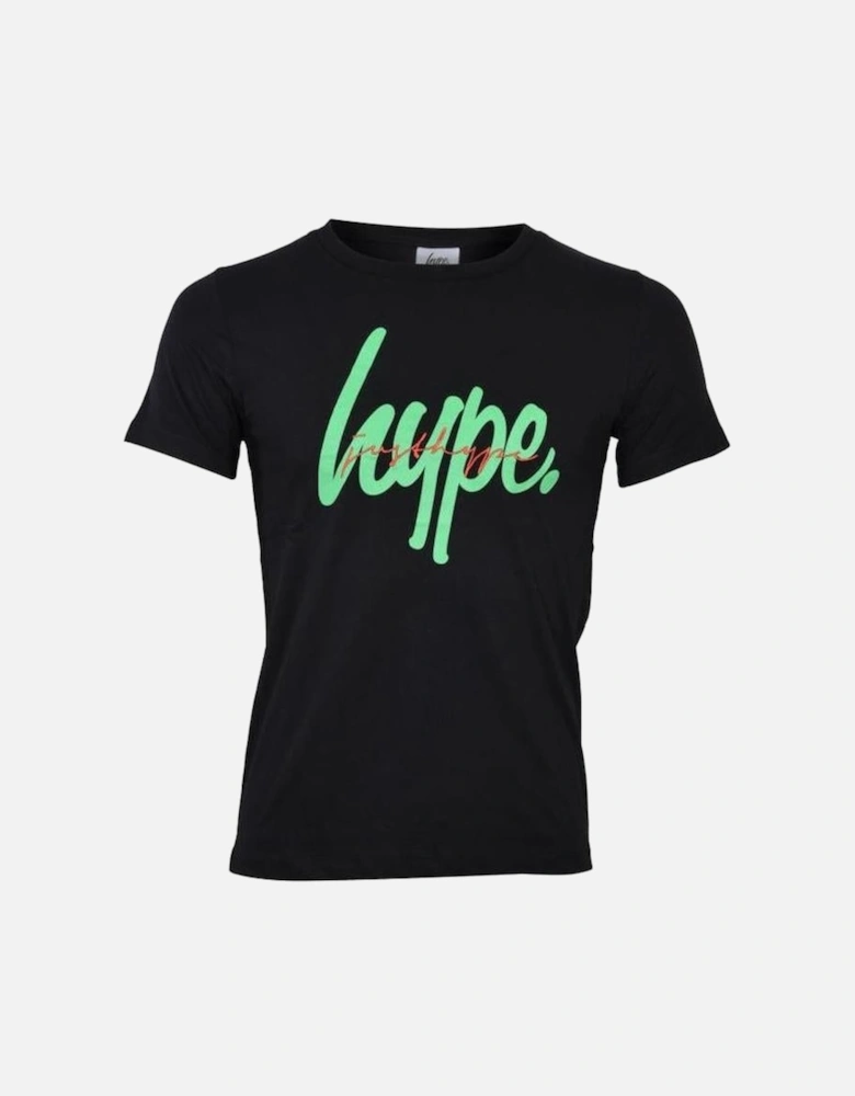 Boys Crew-Neck Neon Double Logo T-Shirt, Black