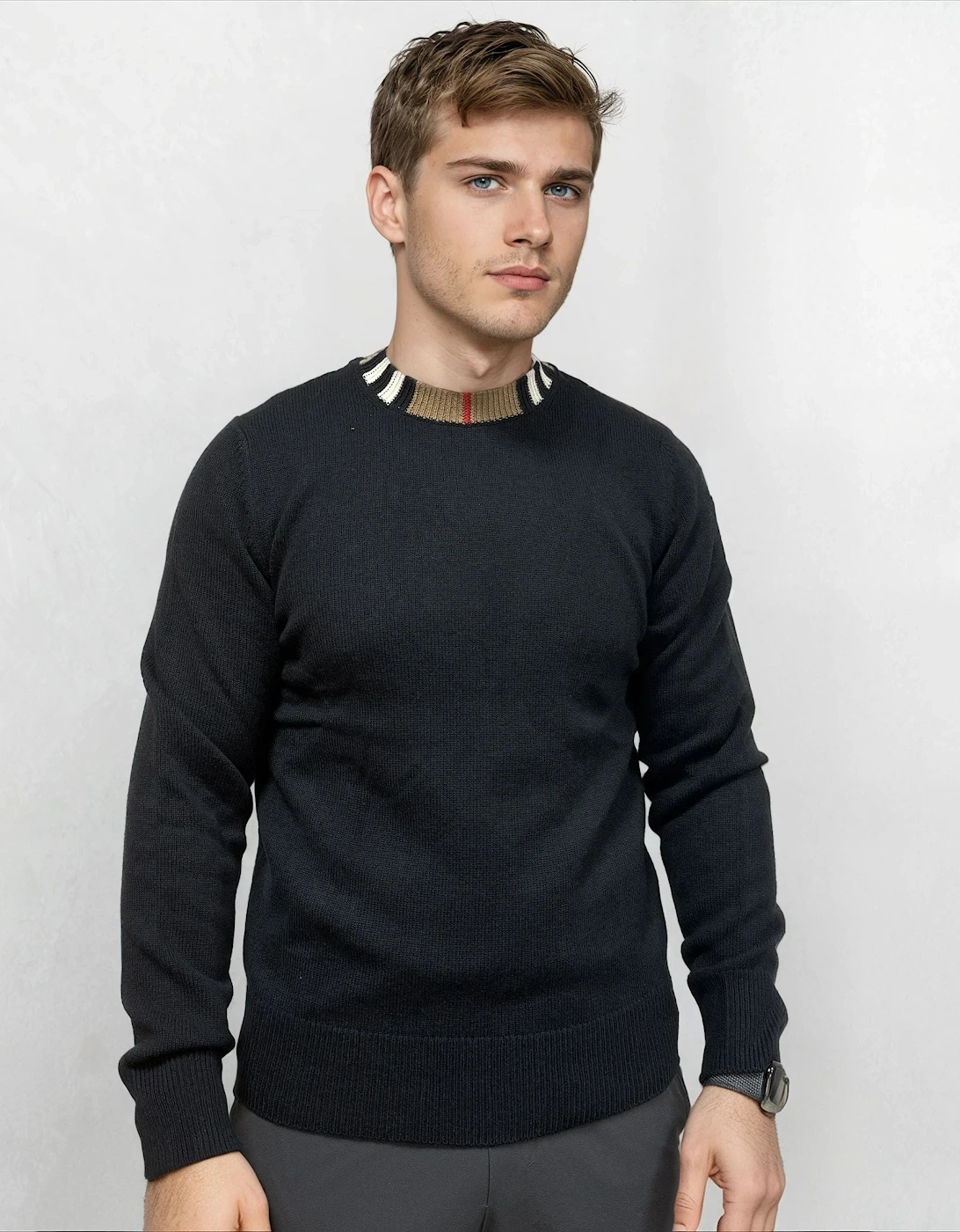 'Noland' Knitted Wool/ Cashmere Jumper Check Neck Black