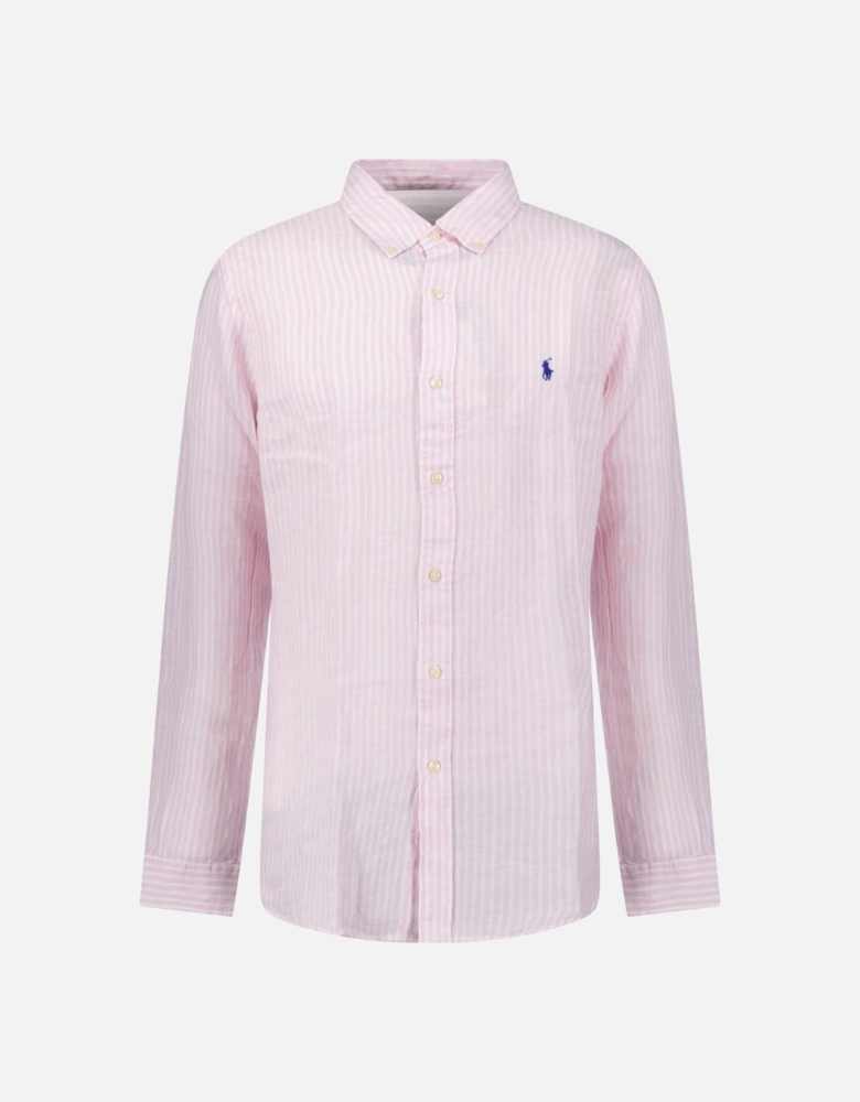 Custom Fit Stripe Linen Shirt in Pink/White