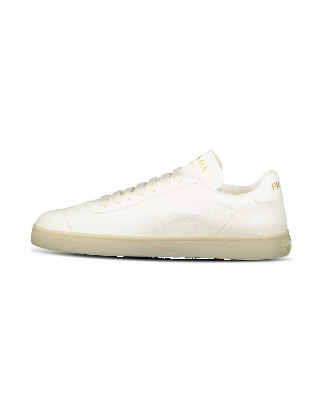 Prada Leather Trainers with Gold Metal Appliqué in Avorio