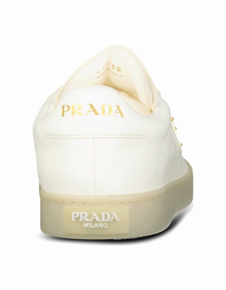 Prada Leather Trainers with Gold Metal Appliqué in Avorio